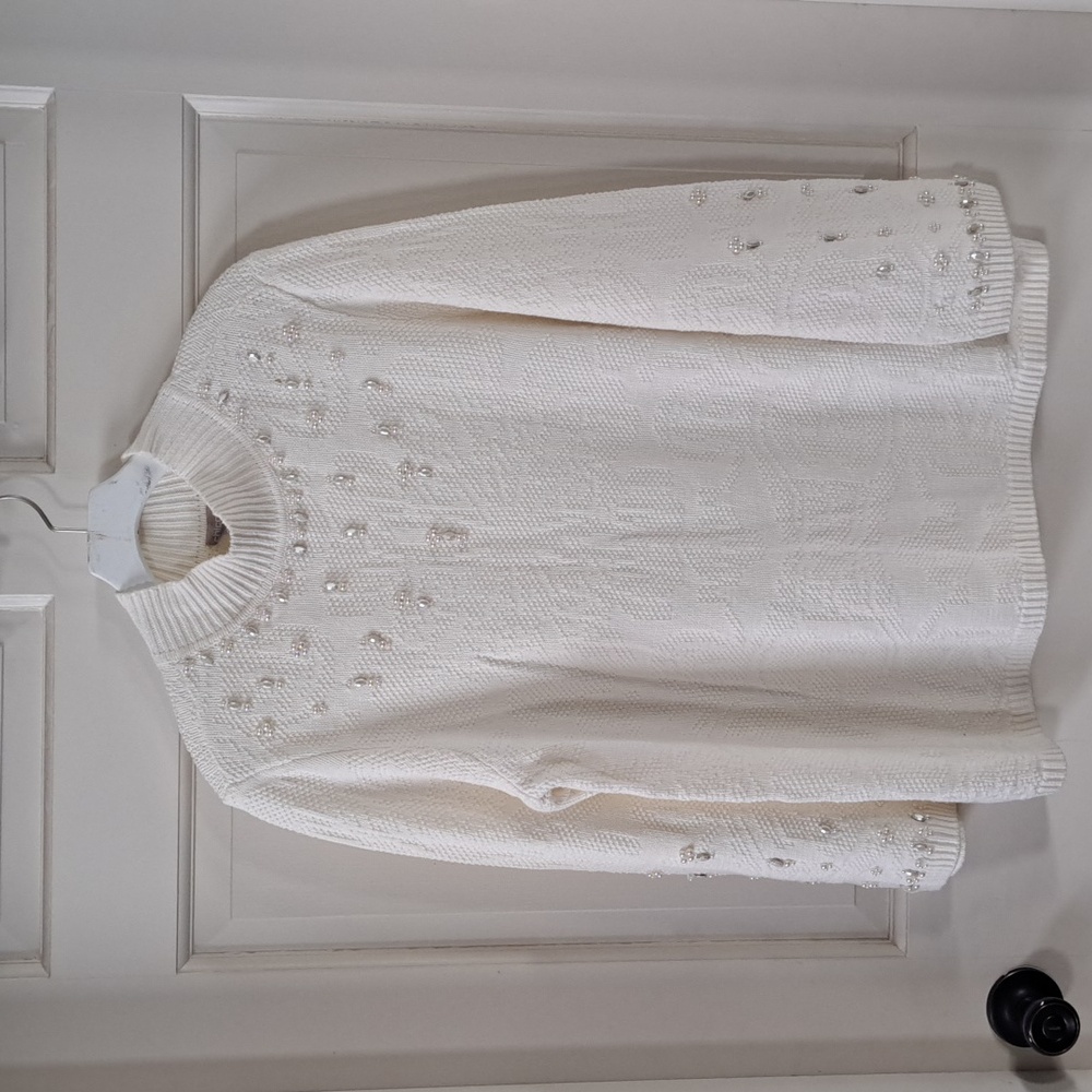 Chico’s Embellished Pearl Mock Neck Sweater Winter White Knit Sparkle Glam